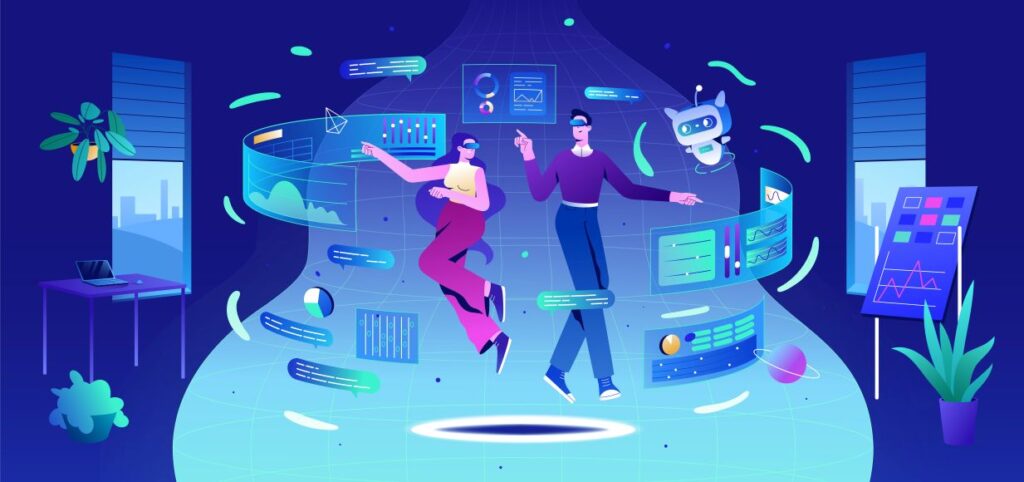 The image portrays a dynamic, futuristic workspace where technology and innovation take center stage.