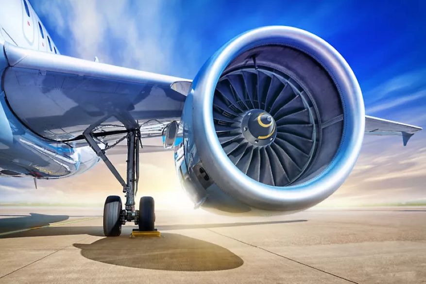 Close-up view of turbofan jet engine 