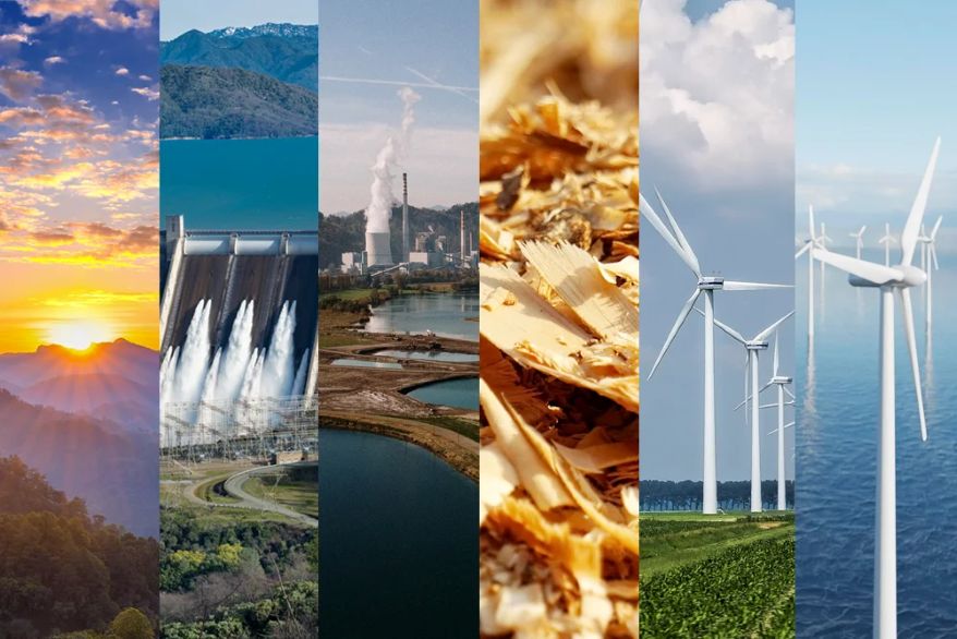 renewable energy types showing solar, hydroelectric dam, geothermal plant, wind turbines,