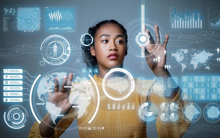 Image described about data visualizations, graphs, world maps, and digital interface elements.