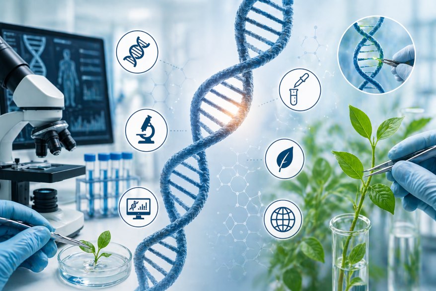 Genetic engineering research topics concept showing DNA, lab research, and plant gene editing